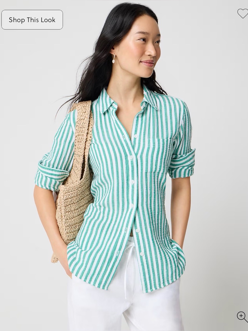 J. Crew Green and White Vertical Stripe Gauze Button-Down Shirt
